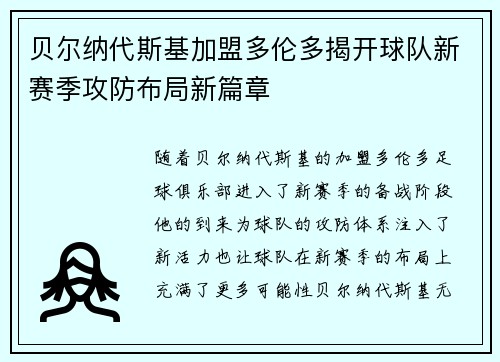 贝尔纳代斯基加盟多伦多揭开球队新赛季攻防布局新篇章